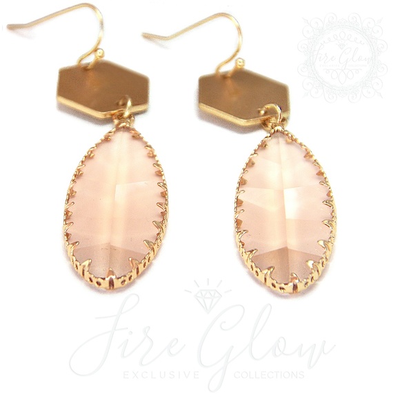 Peach Teardrop Gem Brushed Gold Tone Hex Earrings - Picture 10 of 15